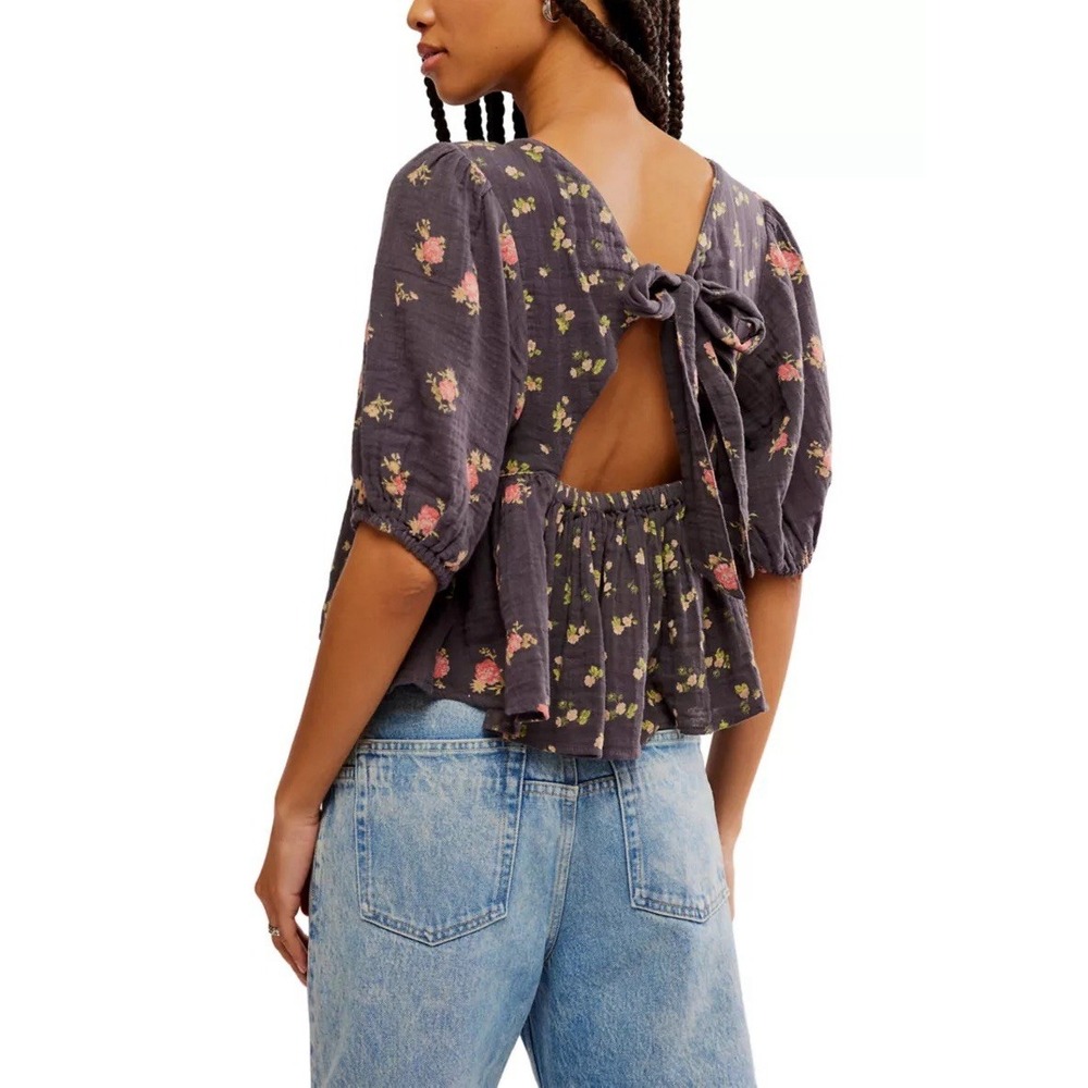 FREE PEOPLE XS Chloe Printed Top Casual Floral Gauze Cotton Tie Back Blouse Boho